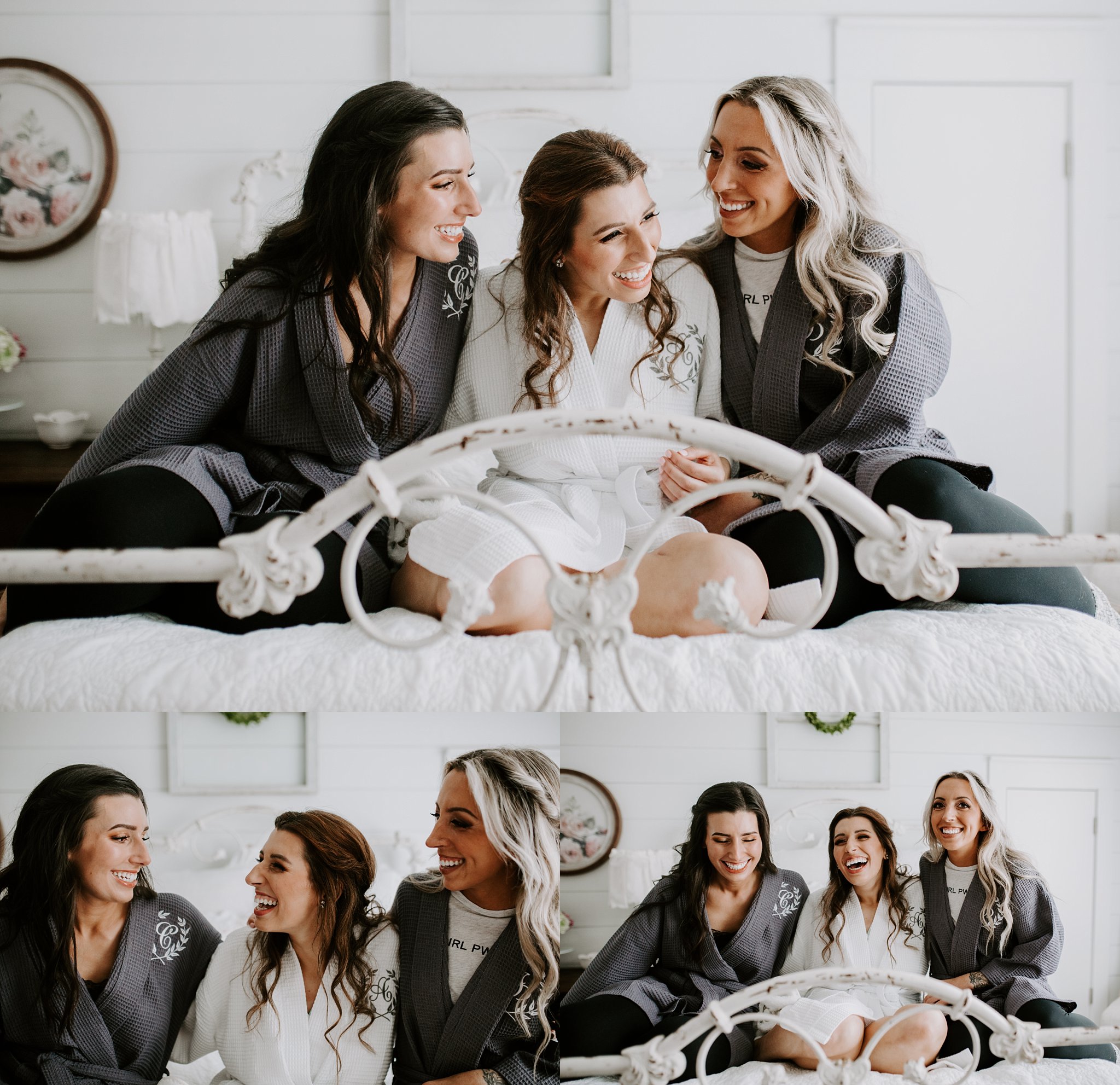 Bridal suite at Rosie Creek Farms with bride Ashley and her sisters sitting on the bed in their matching bridesmaid ribes
