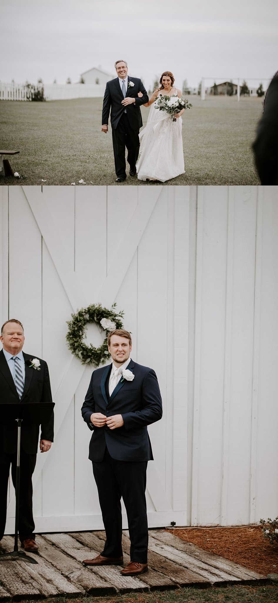 Bride Ashley walking towards her groom at Rosie Creek Farms, and Groom Cliffords face as he sees his bride for the first time