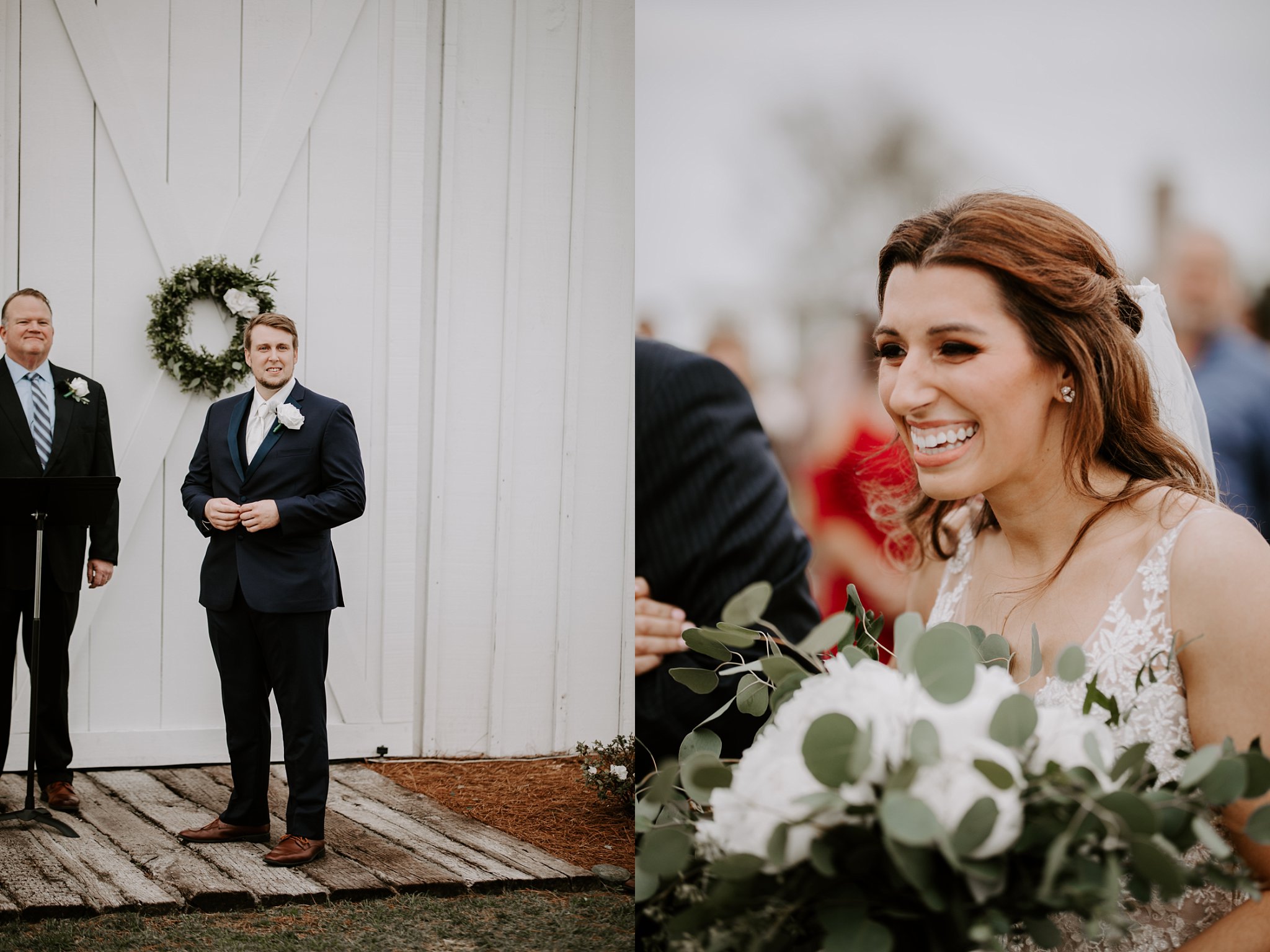 closeup of Ashley's smiling face as she walks towards Clifford during their wedding ceremony