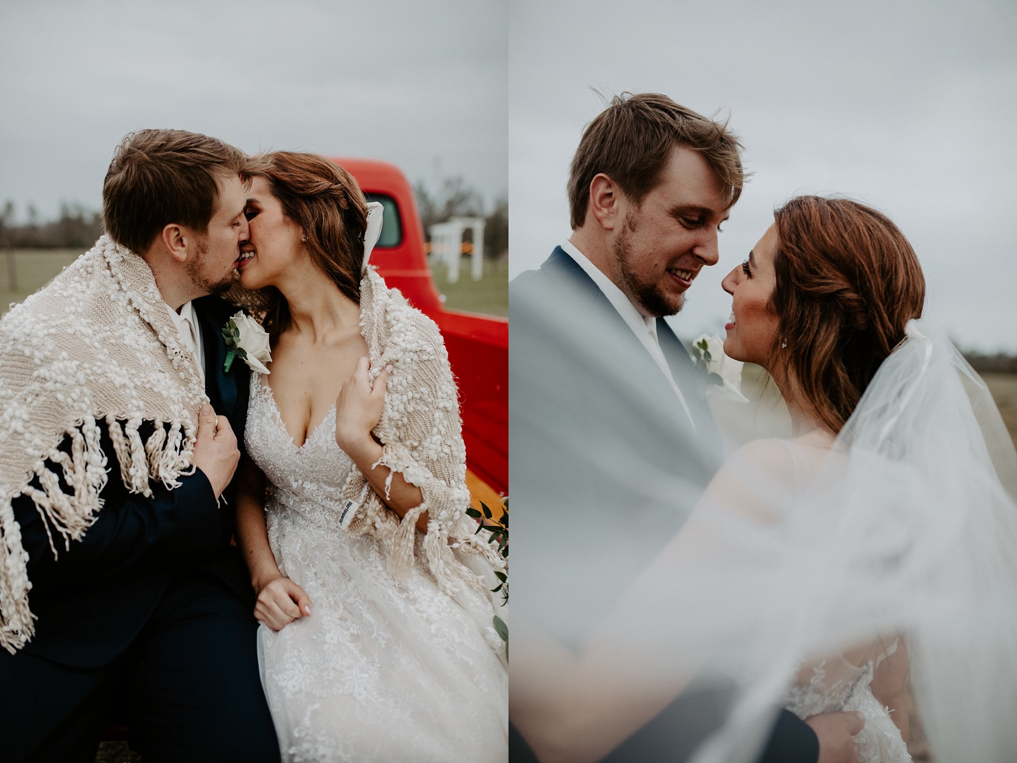 bride and groom kissing - veil photos with tulle swirling around the happy couple