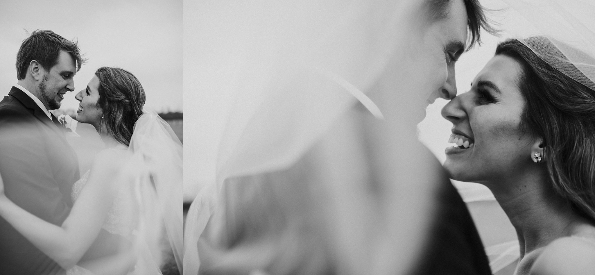 black and white photos of the bride and groom with the veil swirling around them