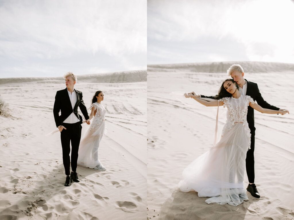Eloping couple standing on sand dunes in Oregon