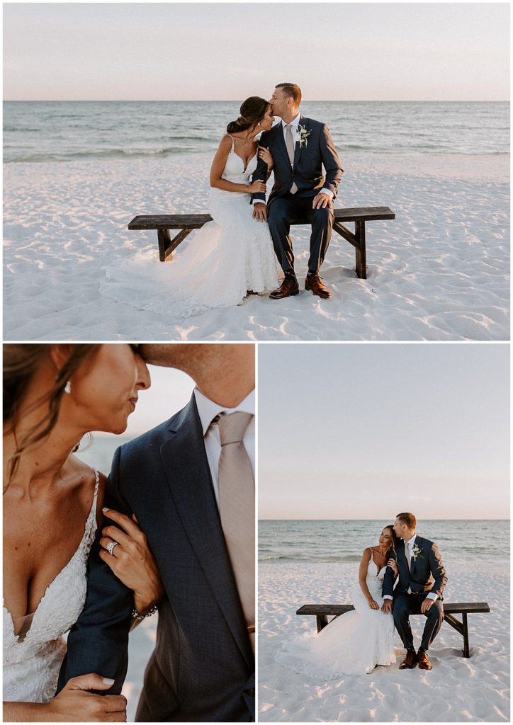 Sunset photos of the bride and groom on the beach