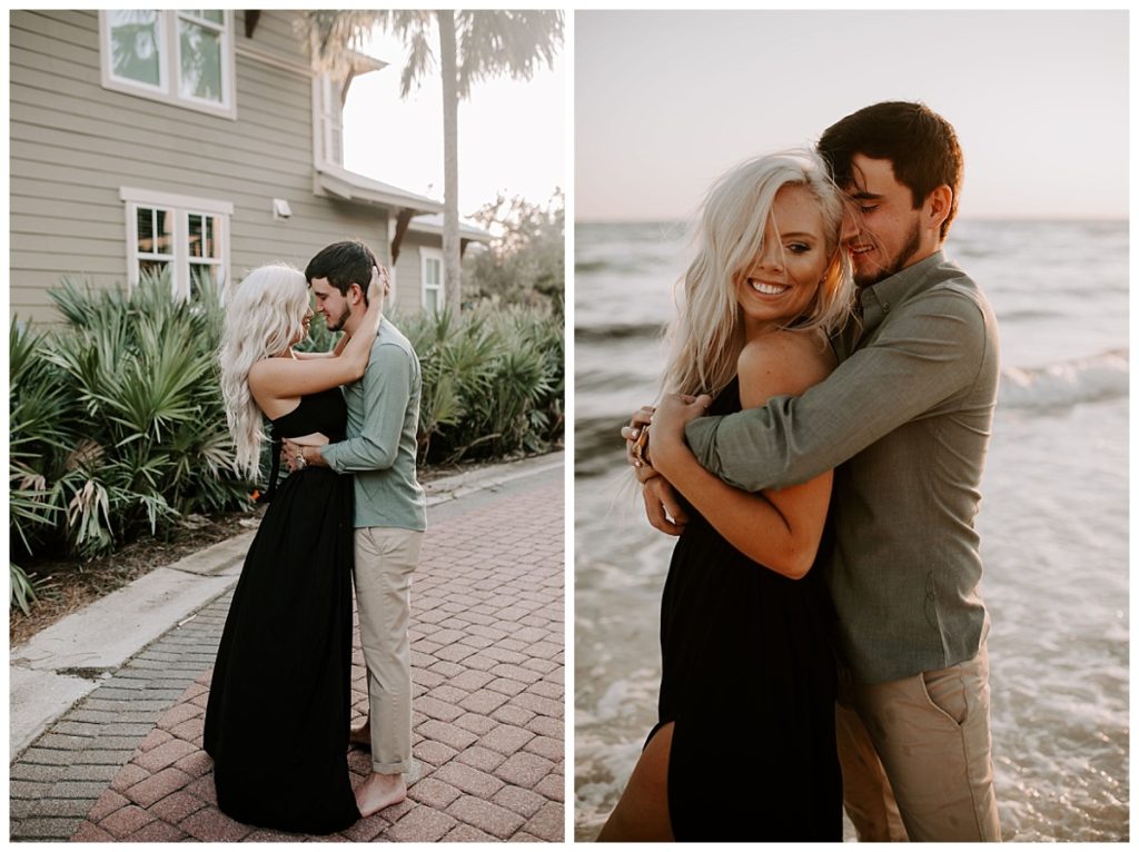 Rosemary Beach couples session - two images - image one is a woman in a black dress and man in green shirt holding each other a cobblestone street. Second image is the same man and woman on the beach with the man's arms wrapped around the woman from behind.