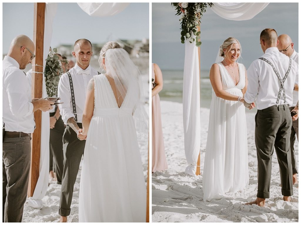 bride and groom holding hands while standing under an arch at their beach wedding