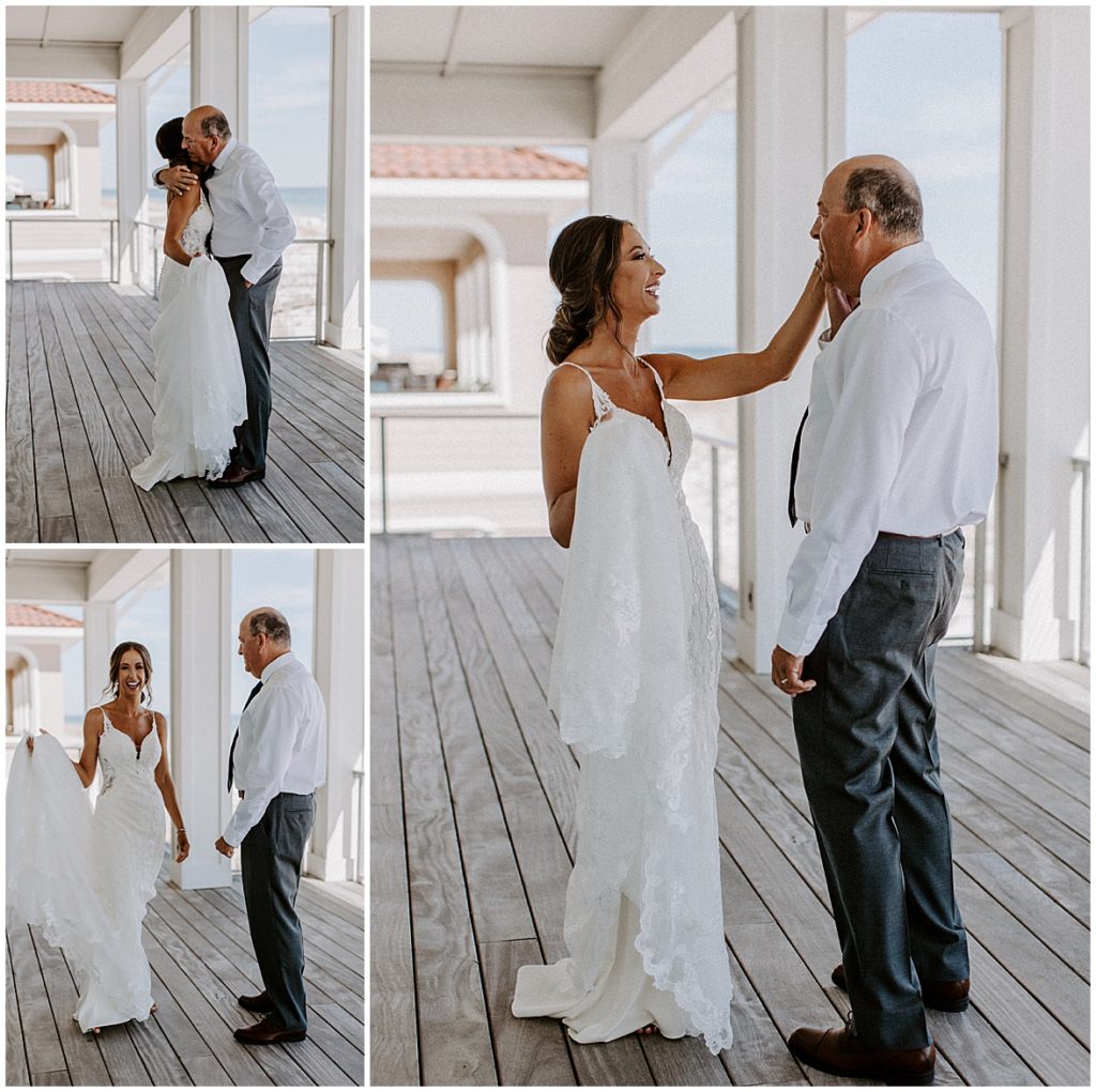 The bride wipes away her fathers tears after he sees her in her wedding dress