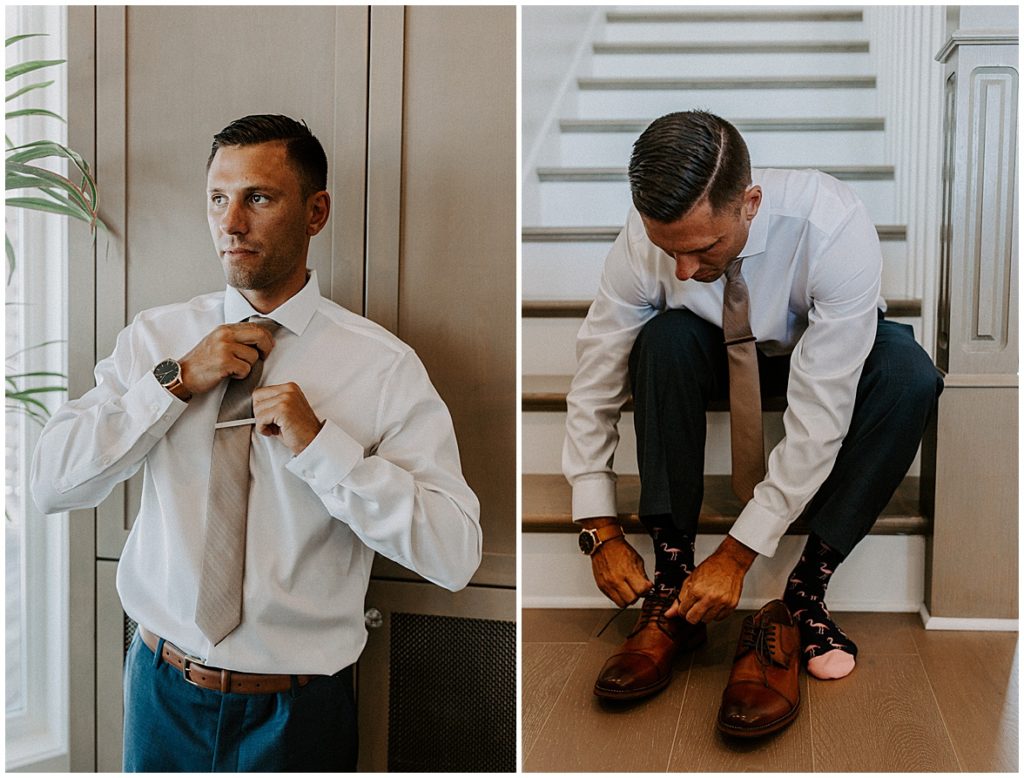 Groom straightens his tie and puts on shoes