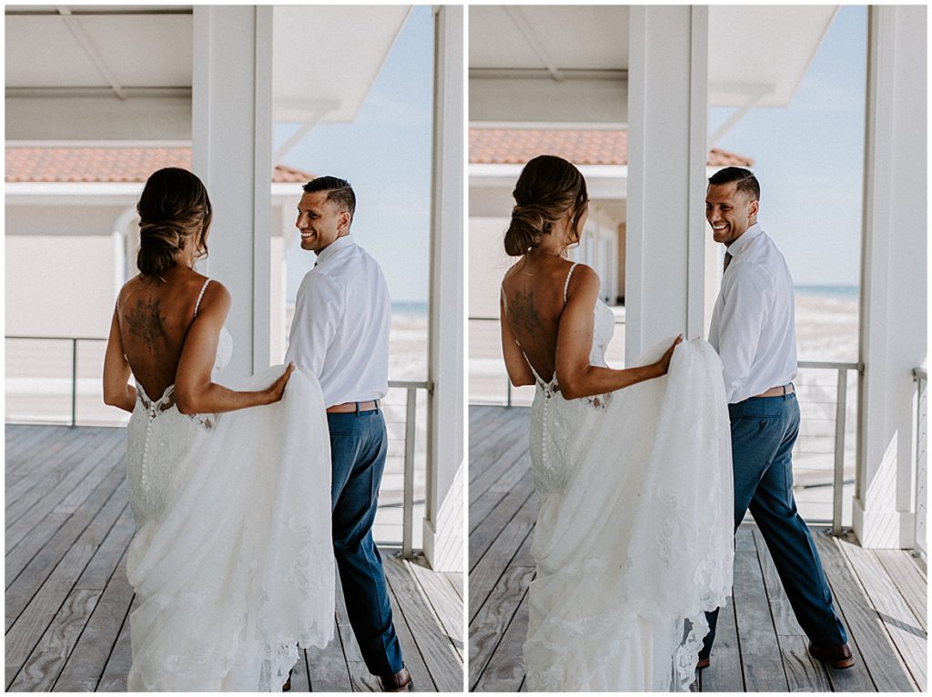 Bride walks up behind her groom who turns around and sees her for the first time on their wedding day