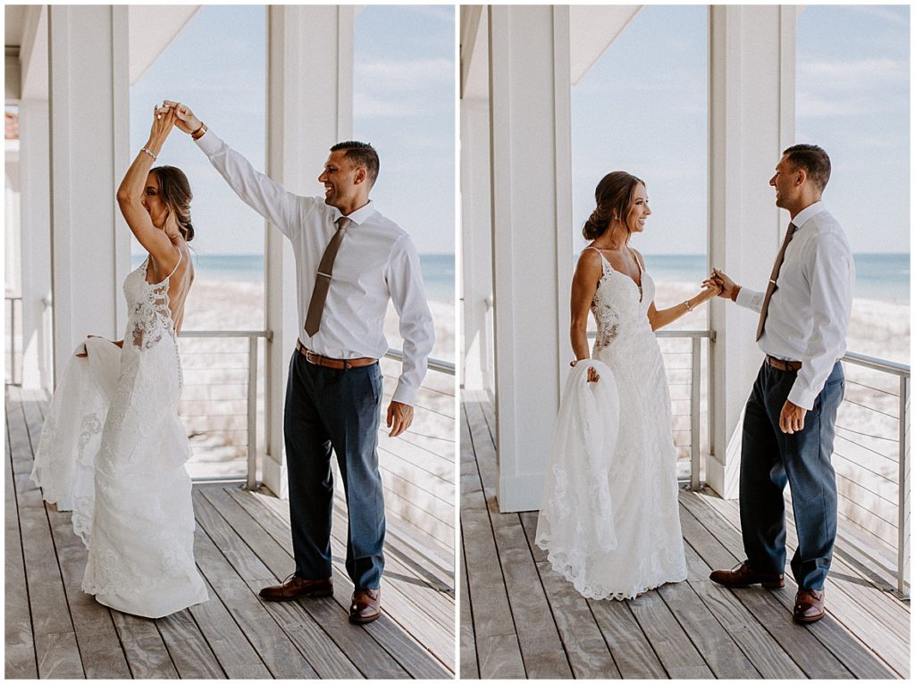 Groom is spinning his bride after seeing her in her wedding dress for the first time