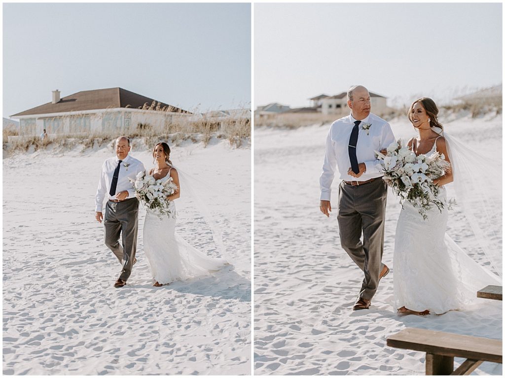 Father of the bride sneaks a peek at his daughter as he walks her down the aisle