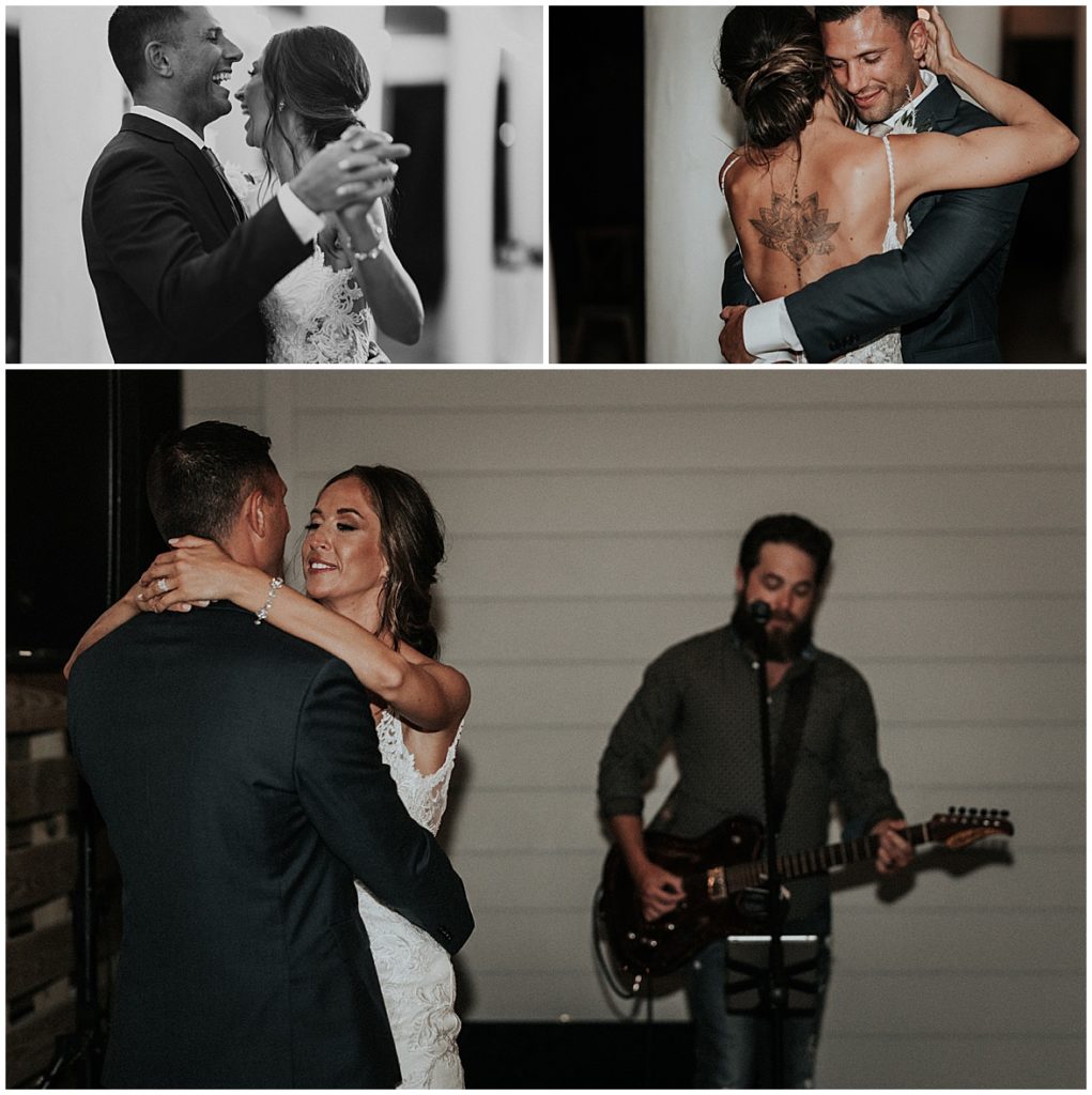 Bride and groom share first dance with a guitarist behind them